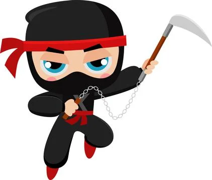 Cute Ninja Boy Warrior Cartoon Character With Kusarigama In Action Fighting Stock Illustration