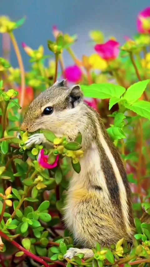 A cute northern palm squirrel perched among vibrant flowers in a garden Stock Footage 336033370
