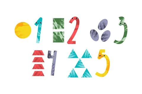 Cute number characters: one, two, three, four, five. Geometric figures: circl Stock Illustration