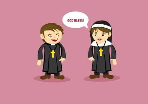 Cute Nun Says God Bless to Priest Cartoon Style Vector Illustration Illustrazione stock