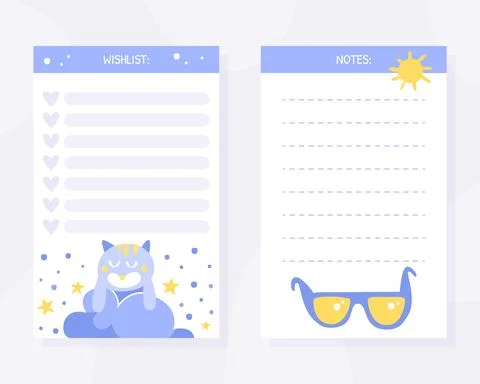 Cute Nursery Notes and Wish List Design with Blue Lovely Cat and Sunglasses Stock Illustration
