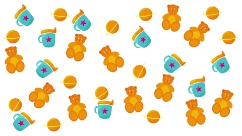 Cute Nursery Pattern with Teddy Bears, Baby Bottles and Planets on White Stock-Footage 345539171