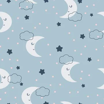 Cute nursery seamless pattern. Moon with stars and clouds on a blue backgroun Illustrazione stock