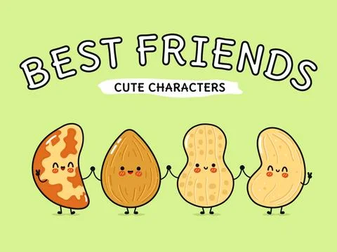 Cute nut characters holding hands being best friends Stock Illustration