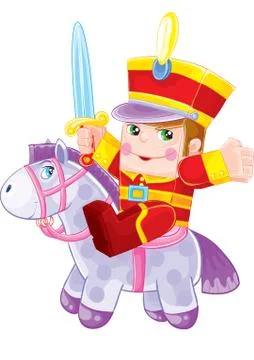 Cute nutcracker toy with saber and toy horse, isolated object on white backgr Stock Illustration