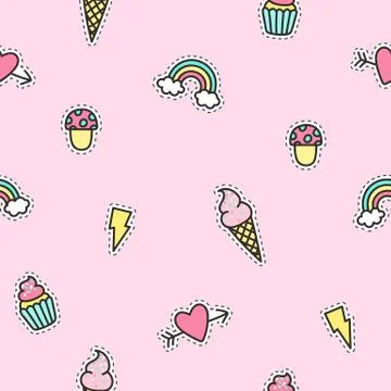 Cute objects pattern with pink background. Stock Illustration