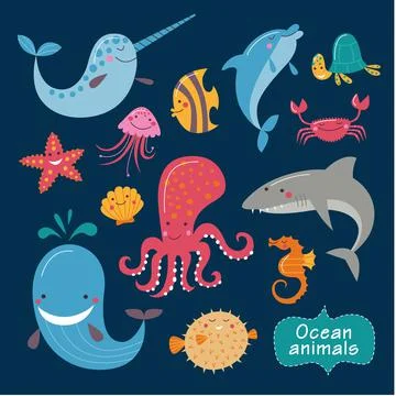 Cute ocean animals on a dark background. Childish vector illustration of whale,  Illustrazione stock