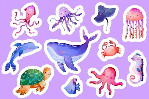 Cute ocean animals sticker pack with white border on purple background for .. Stock Illustration