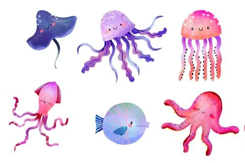 Cute ocean creatures element set with octopus jellyfish squid stingray for .. Stock Illustration