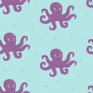 Cute octopus character seamless pattern. Underwater world. Flat vector Stock Illustration