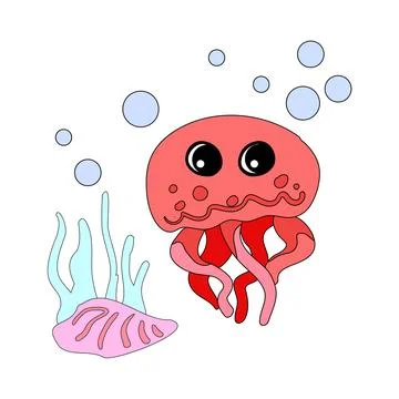 Cute octopus with shells, bubbles and algae in the ocean. For posters, prin.. Stock Illustration