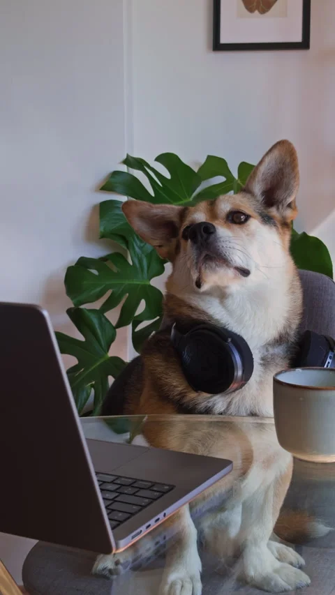 Cute Office Dog Enjoying Break Between Online Meetings Stock Footage 340577802