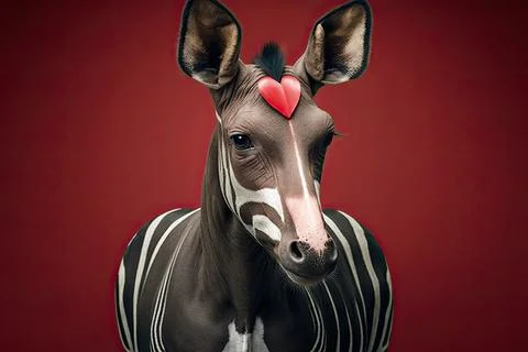 Cute  Okapi, isolated on a background with red hearts Stock Illustration