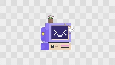 Cute old computer with excited pixel smile and flowerpot 2D cartoon animation Stock Footage 347589420