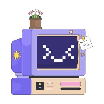 Cute old computer with excited pixel smile and flowerpot 2D cartoon clip art Stock Illustration