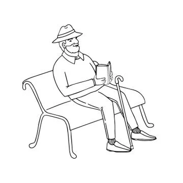 Cute old man sitting on a Park bench reading a book Stock Illustration