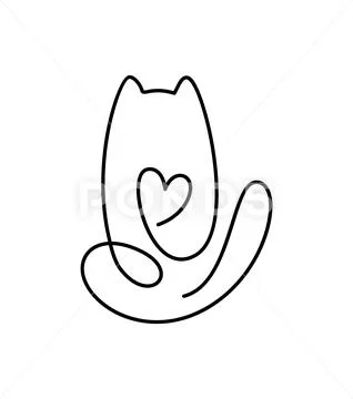 Cute one line vector cat with heart logo. Minimalist cat in