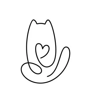 Cute one line vector cat with heart logo. Minimalist cat in abstract hand drawn Stock Illustration