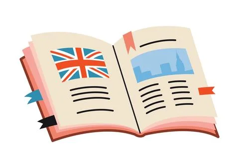 Cute open school textbook with UK flag. English language learning and educati Stock Illustration