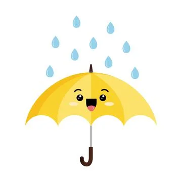 Cute open umbrella with rain drop cartoon character emoji icon. Stock Illustration