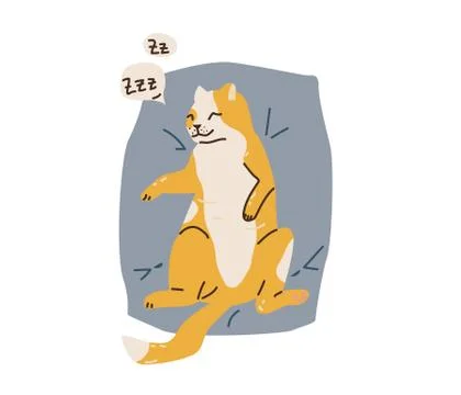 Cute orange and white spotted cat sleeping on back on a grey pillow. Snore Stock Illustration