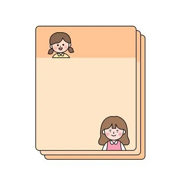 Cute orange blank paper stack memo template with smiling little girls. Illustrazione stock