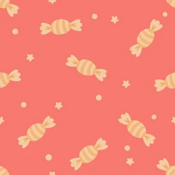 Cute orange candy seamless pattern with stars and dots, vibrant hand drawn .. Stock-Illustration