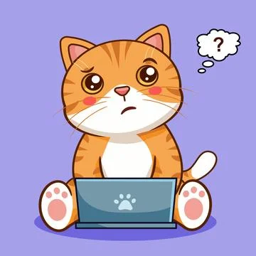 Cute Orange Cat Confused Working on Laptop Vector Illustration 스톡 일러스트