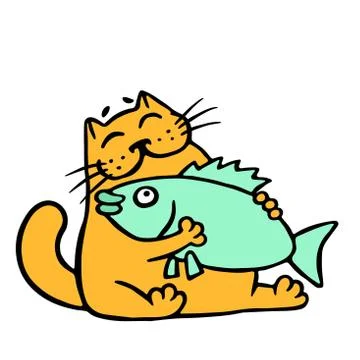 Cute orange cat hugging big fish. Vector illustration. Stock Illustration