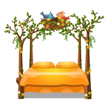 Cute orange color bed with decor form of a frame of stems of trees with nest Stock Illustration