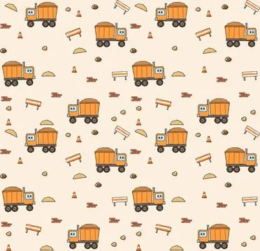 Cute orange dump truck pattern with roadwork icons for childrens design Stock Illustration