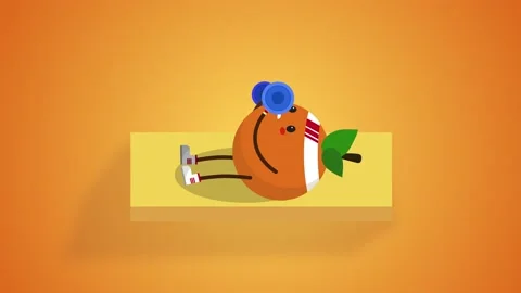 Cute Orange fruit character doing bench press with a barbell animation loop Stock Footage 132814413