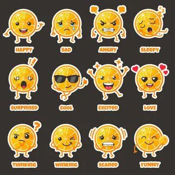 Cute Orange Fruit Characters Sticker Set with Emotions Stock Illustration