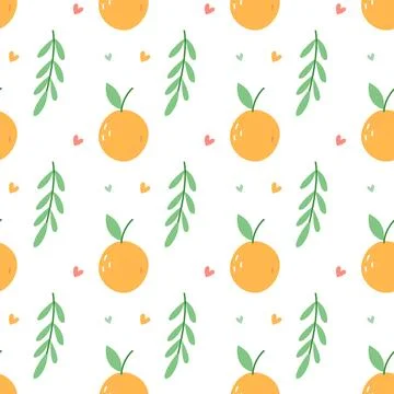 Cute Orange Fruit Seamless Pattern with Leaves and Hearts on White Background Stock Illustration