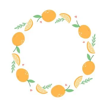 Cute Orange Fruit Wreath Frame in Hand Drawn Style on White Background Stock Illustration