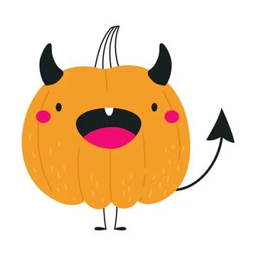 Cute Orange Pumpkin Character with Devil Horns and Tail Having Fun at Halloween Stock Illustration