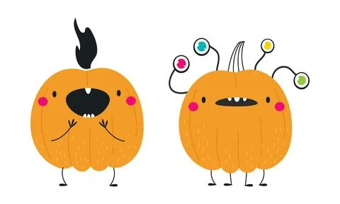 Cute Orange Pumpkin Character Having Fun at Halloween Holiday Vector Set Stock Illustration