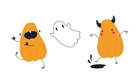 Cute Orange Pumpkin Character Having Fun at Halloween Holiday Vector Set Stock Illustration