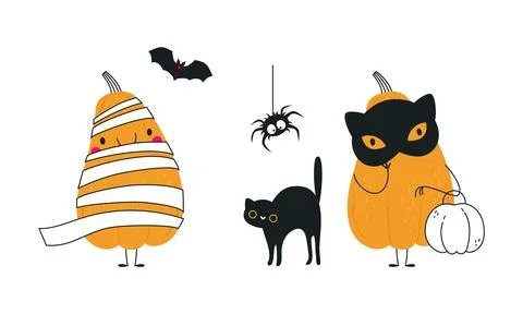 Cute Orange Pumpkin Character in Mask with Black Cat and Bat Having Fun at Stock Illustration