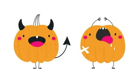 Cute Orange Pumpkin Character with Tongue Sticked Out and Horns Having Fun at Stock Illustration