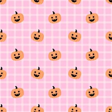 Cute Orange Pumpkin Halloween Pattern on Pink Plaid Background Stock Illustration