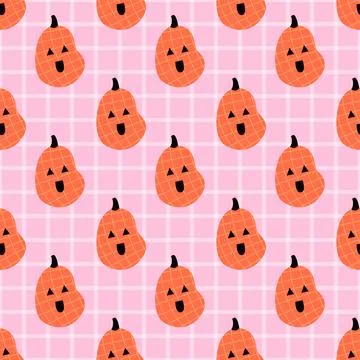 Cute orange pumpkin seamless pattern, kawaii halloween background, pink plaid Illustrazione stock