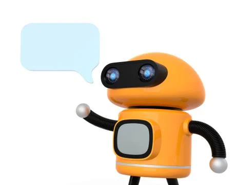 Cute orange robot with text bubble isolated on white background Stock Illustration