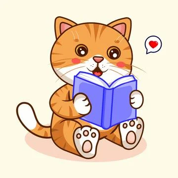 Cute Orange Tabby Cat Reading a Book Vector Illustration Kawaii Animal 스톡 일러스트