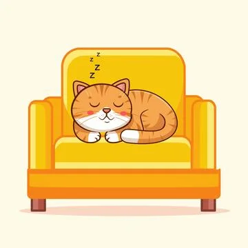 Cute Orange Tabby Cat Sleeping on a Yellow Sofa Vectors Illustration Stock-Illustration