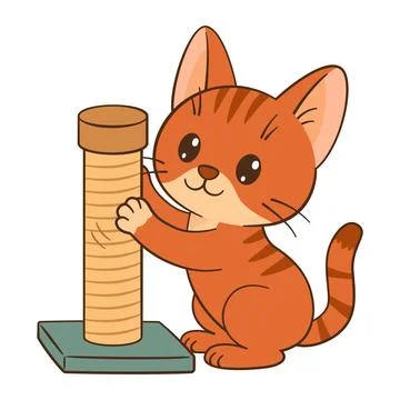 Cute orange tabby kitten sharpens its claws on the scratching post. Hand drawn Stock Illustration