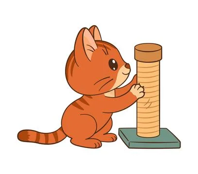 Cute orange tabby kitten sharpens its claws on the scratching post. Hand drawn Stock Illustration