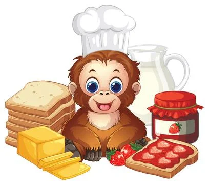 Cute Orangutan Chef Preparing Breakfast with Bread Jam and Milk Stock Illustration