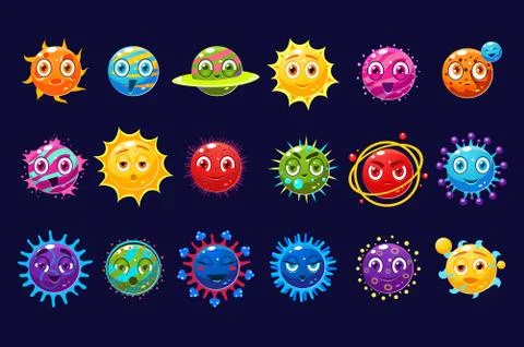 Cute orbs and planets sett with different emotions vector Illustrations, funny Stock Illustration
