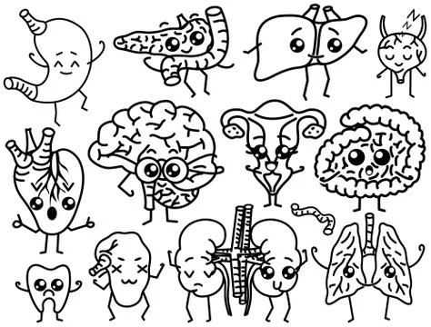 Cute organs. Happy human, Set of smiling characters. Vector pins, cartoon kawaii 스톡 일러스트